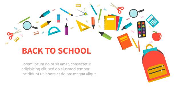 Back to school background with flying school supplies set, vector illustration. For banner, flyer, ad vector art illustration