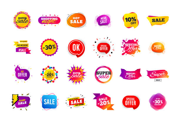 ilustraciones, imágenes clip art, dibujos animados e iconos de stock de insignia de banner de venta. etiquetas de descuento de oferta especial. plantillas de forma de cupón. la mejor insignia de oferta. iconos de super descuento. vector - interface icons badge label insignia