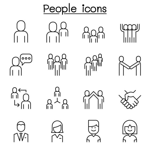 ilustraciones, imágenes clip art, dibujos animados e iconos de stock de icono de las personas establecido en estilo de línea delgada - professional occupation three people businessman human head