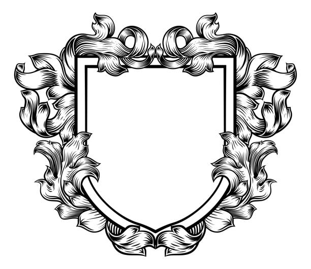 ilustraciones, imágenes clip art, dibujos animados e iconos de stock de escudo de armas crest caballero de la familia escudo heráldico - frame ornate old fashioned shield