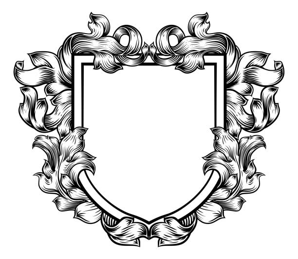 illustrazioni stock, clip art, cartoni animati e icone di tendenza di cappotto d'armi crest famiglia cavaliere scudo araldico - decoration ornate scroll shape shape