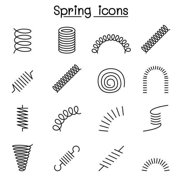 Spring, coil and absorber icon set in thin line style Spring, coil and absorber icon set in thin line style spiral stock illustrations