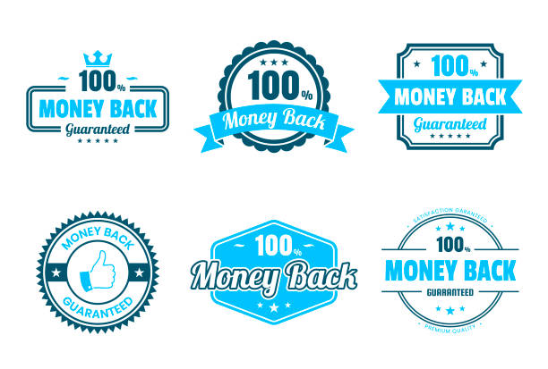 zestaw niebieskich plakietek i etykiet "money back" - elementy projektowe - satisfaction guaranteed stock illustrations