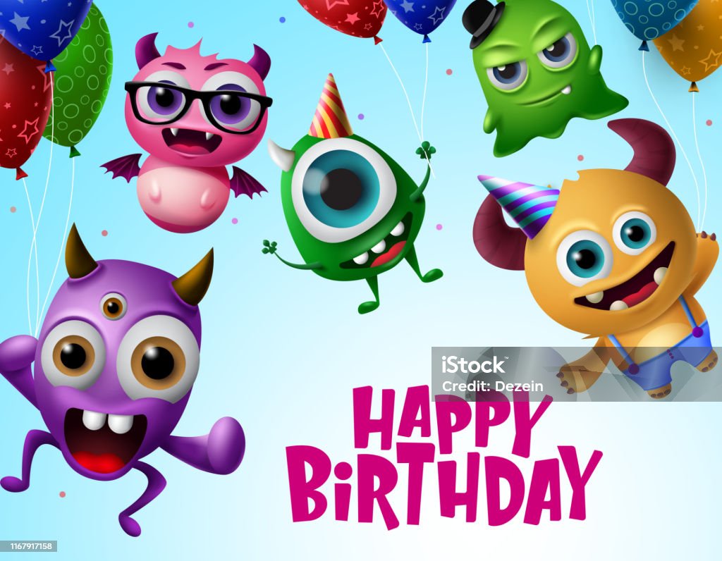 Happy Birthday With Monster Characters Vector Design Happy Birthday Text In  Flying Little Monsters Creature With Colorful Balloons Stock Illustration -  Download Image Now - iStock