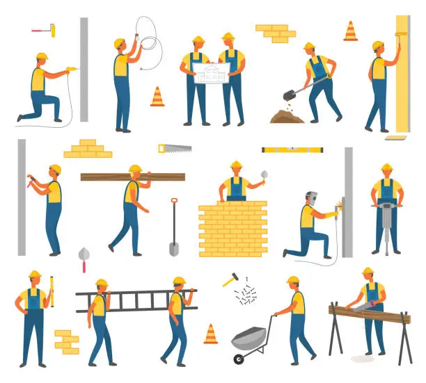 Vector illustration of Construction and Working Plan Workers Set Vector