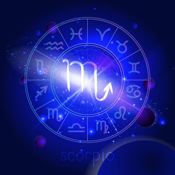 istock Vector illustration of sign SCORPIO with Horoscope circle against the space background. 1167918668