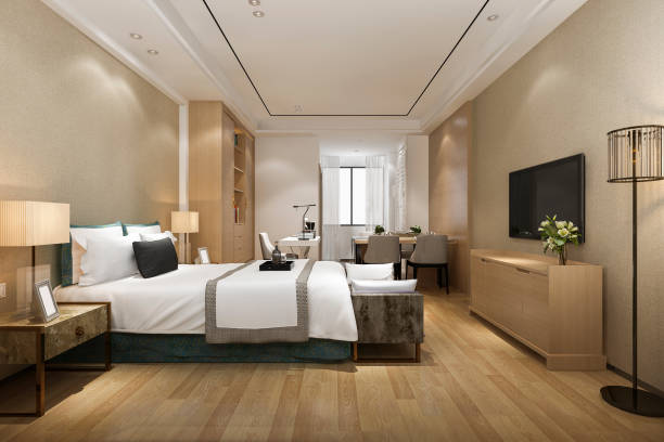 istock 3d rendering luxury modern bedroom suite in hotel with dining table 1167918682