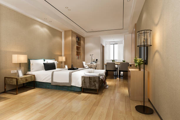 istock 3d rendering luxury modern bedroom suite in hotel with dining table 1167918684