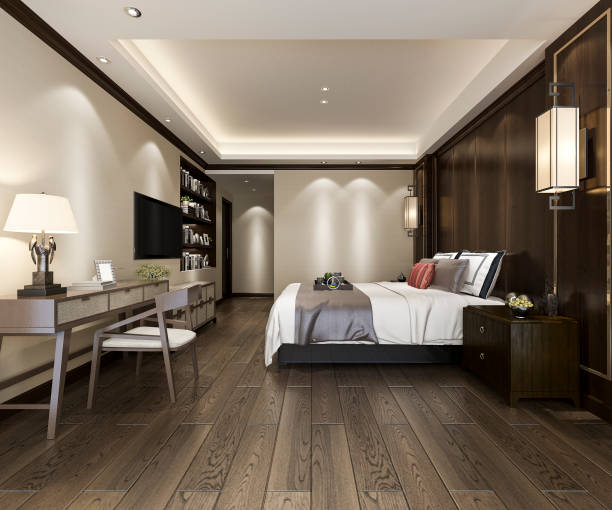 istock 3d rendering beautiful luxury bedroom suite in hotel with tv and working table 1167918685