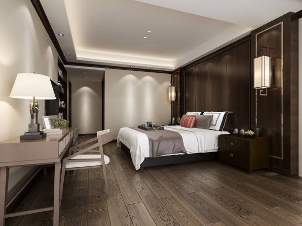 istock 3d rendering beautiful luxury bedroom suite in hotel with tv and working table 1167918696