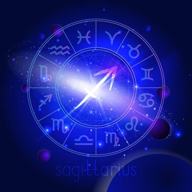 istock Vector illustration of sign SAGITTARIUS with Horoscope circle against the space background. 1167918776