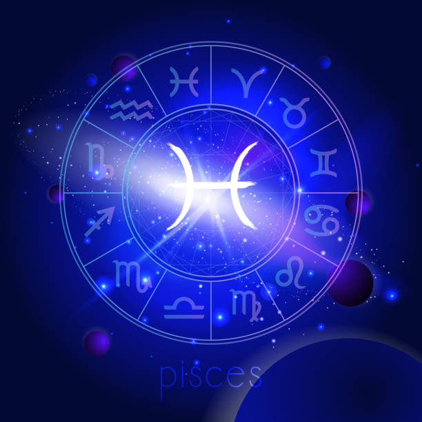 istock Vector illustration of sign PISCES with Horoscope circle against the space background. 1167918865
