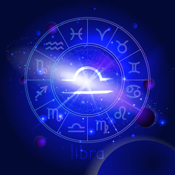 istock Vector illustration of sign LIBRA with Horoscope circle against the space background. 1167918933