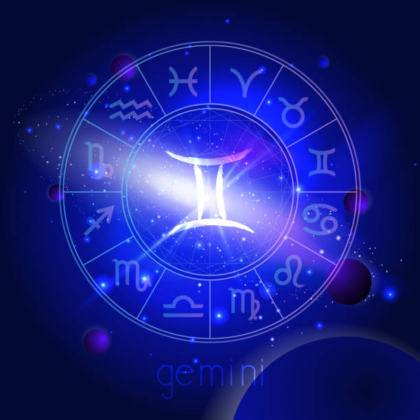 istock Vector illustration of sign GEMINI with Horoscope circle against the space background. 1167919108