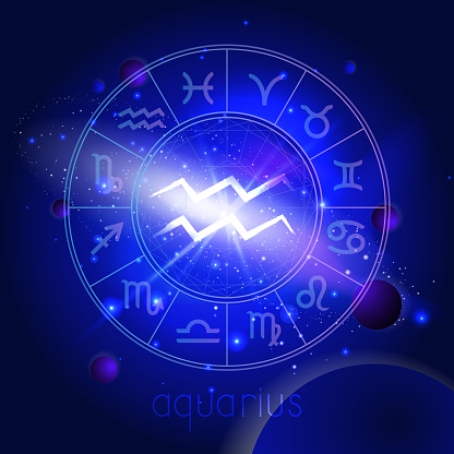 Vector Illustration Of Sign Aquarius With Horoscope Circle Against The ...