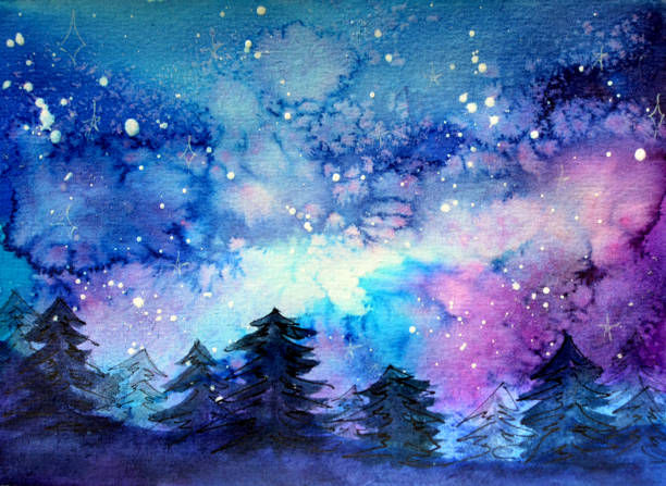 illustrations, cliparts, dessins animés et icônes de art d'espace à l'aquarelle avec le ciel de nuit et les arbres - art astronomy space stratosphere