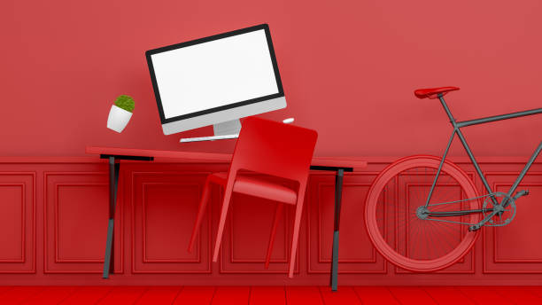 istock 3D Abstract Zero Gravity Workplace with Blank Screen Monitor in modern interior, Red Background, Christmas Concept 1167922348