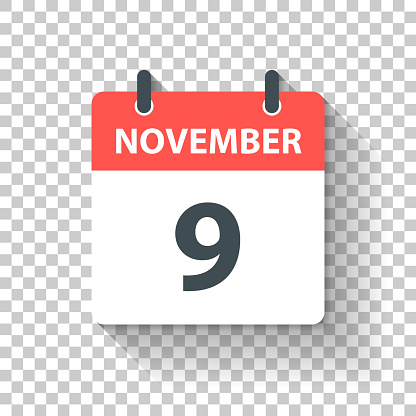 November 9. Calendar Icon with long shadow in a Flat Design style. Daily calendar isolated on blank background for your own design. Vector Illustration (EPS10, well layered and grouped). Easy to edit, manipulate, resize or colorize.