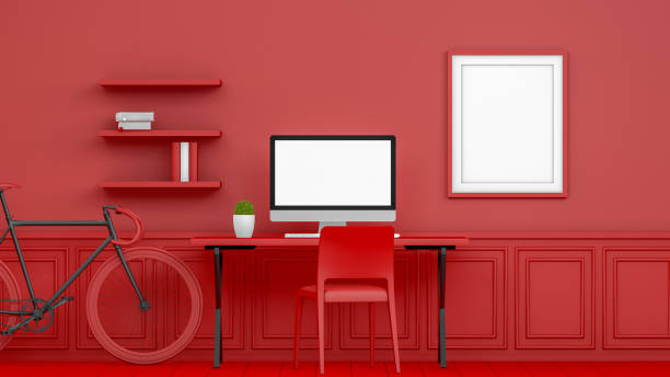 lugar de trabajo abstracto 3d con monitor de pantalla en blanco en el interior moderno, concepto de navidad, fondo rojo - home interior apartment working office fotografías e imágenes de stock