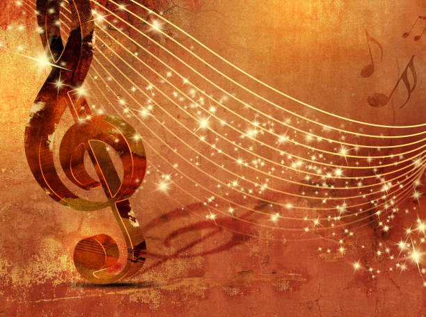 musik-thema-plakat-hintergrund mit höhenschlüssel und abstrakten musikalischen personal im festlichen retro-stil - music background stock-grafiken, -clipart, -cartoons und -symbole