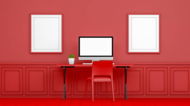 istock 3D Abstract Workplace with Blank Screen Monitor in modern interior, Christmas Concept, Red Background 1167924662