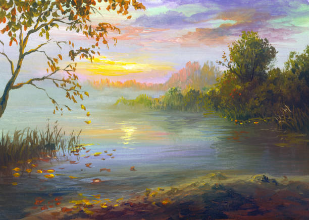 отражение заката в реке в теплый осенний вечер, живопись - paintings watercolor painting landscape autumn stock illustrations