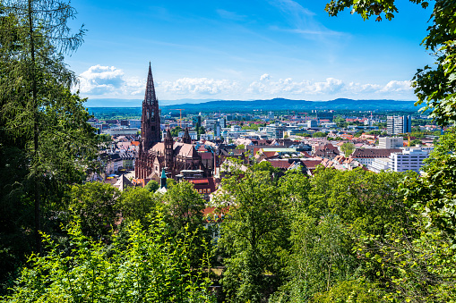 Germany, Stunning view over skyline, cityscape and roofs of city freiburg im breisgau surrounding famous muenster cathedral from above green tree tops