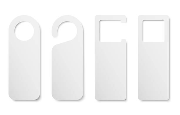 ilustrações de stock, clip art, desenhos animados e ícones de set of realistic private door tag. plastic paper door handle lock hangers. empty blank mock up. do not disturb. template design for room in hotel, hostel, resort, home. - gancho equipamento
