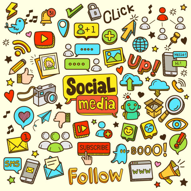 ilustraciones, imágenes clip art, dibujos animados e iconos de stock de social media cartoon color doodle vector illustration - social media