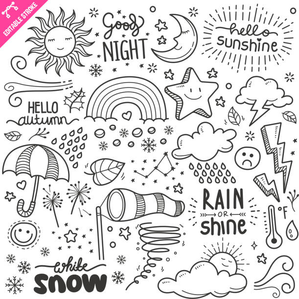 ilustraciones, imágenes clip art, dibujos animados e iconos de stock de elementos de diseño meteorológico. conjunto de ilustraciones de doodle vectorial en blanco y negro. trazo editable. - equipment group of objects space moon