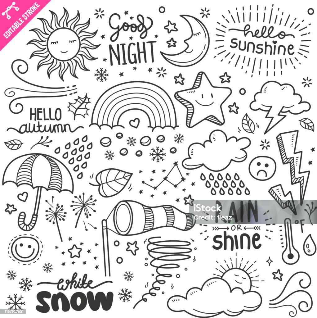 Weather Design elements. Black and White Vector Doodle Illustration Set. Editable Stroke. Set of weather related objects and elements. Hand drawn doodle illustration collection isolated on white background. Editable stroke/outline. Doodle stock vector