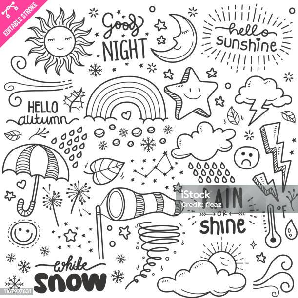 Weather Design Elements Black And White Vector Doodle Illustration Set Editable Stroke Stock Illustration - Download Image Now