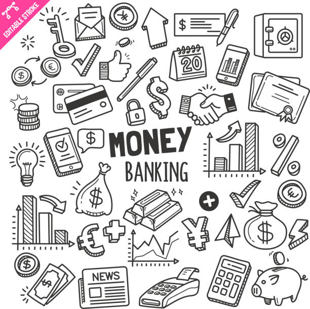 money and banking design elemente. schwarz und weiß vektor doodle illustration set. bearbeitbarer strich. - währungssymbol stock-grafiken, -clipart, -cartoons und -symbole