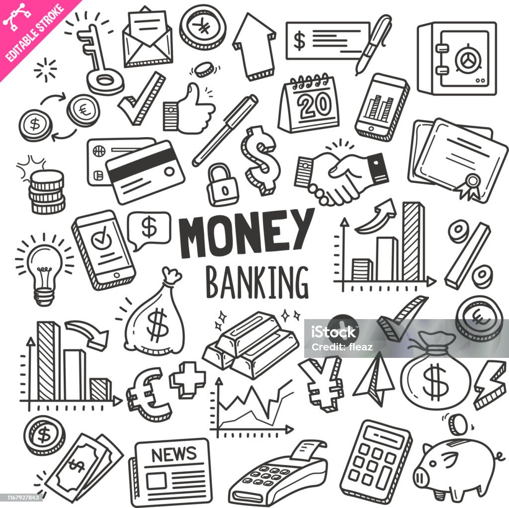 Money and Banking Design elements. Black and White Vector Doodle Illustration Set. Editable Stroke. Set of money and banking related objects and elements. Hand drawn doodle illustration collection isolated on white background. Editable stroke/outline. Currency stock vector