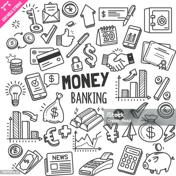 Money And Banking Design Elements Black And White Vector Doodle Illustration Set Editable Stroke Stock Illustration - Download Image Now
