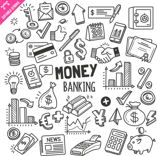 Vector illustration of Money and Banking Design elements. Black and White Vector Doodle Illustration Set. Editable Stroke.