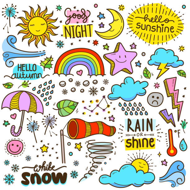 ilustraciones, imágenes clip art, dibujos animados e iconos de stock de elementos de diseño meteorológico. colorido vector doodle dibujo animado ilustración set.. - colors color image rainbow umbrella