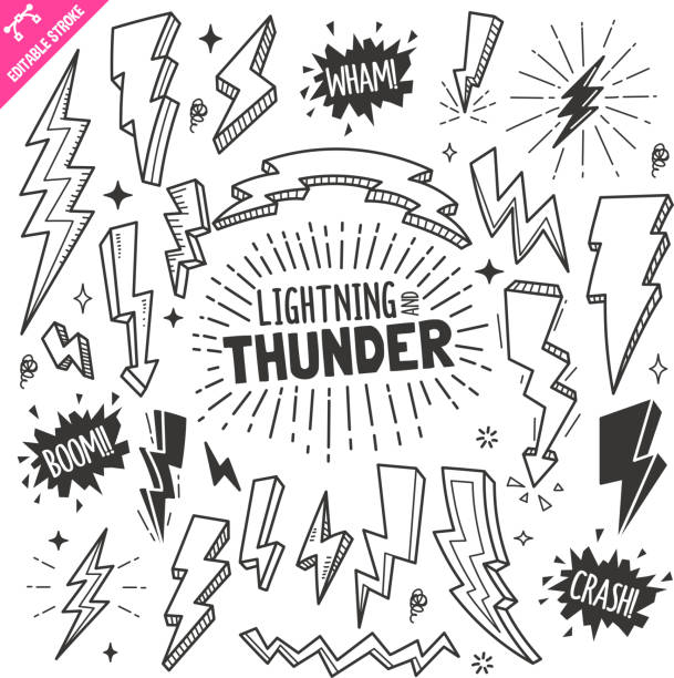 Lightning and Thunder Design elements. Black and White Vector Doodle Illustration Set. Editable Stroke. vector art illustration