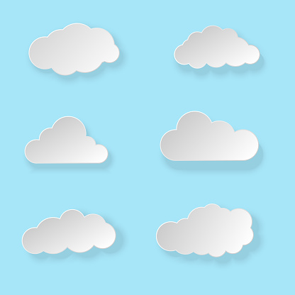 Set of white paper clouds with shadows on blue background. Vector illustration.