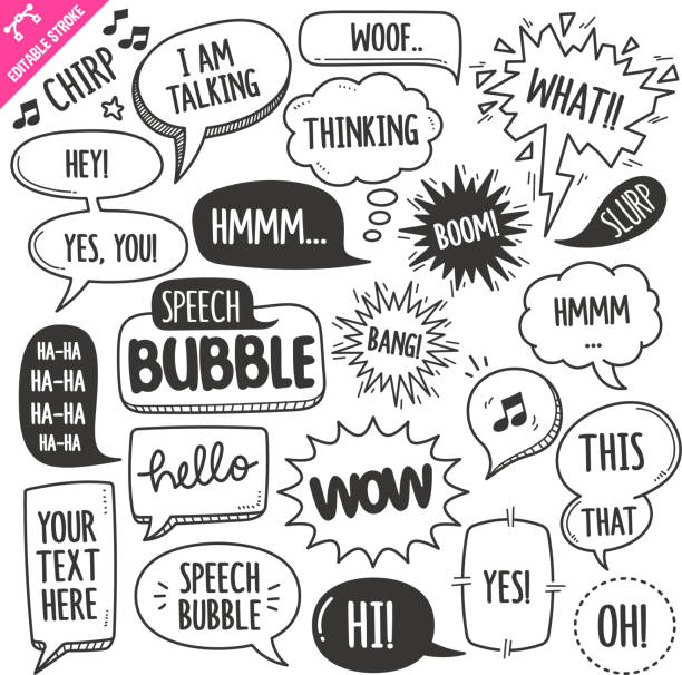 Speech Bubbles Design elements. Black and White Vector Doodle Illustration Set. Editable Stroke. Set of speech bubbles related objects and elements. Hand drawn doodle illustration collection isolated on white background. Grouped with text easily removed. Editable stroke/outline. comic book outline stock illustrations