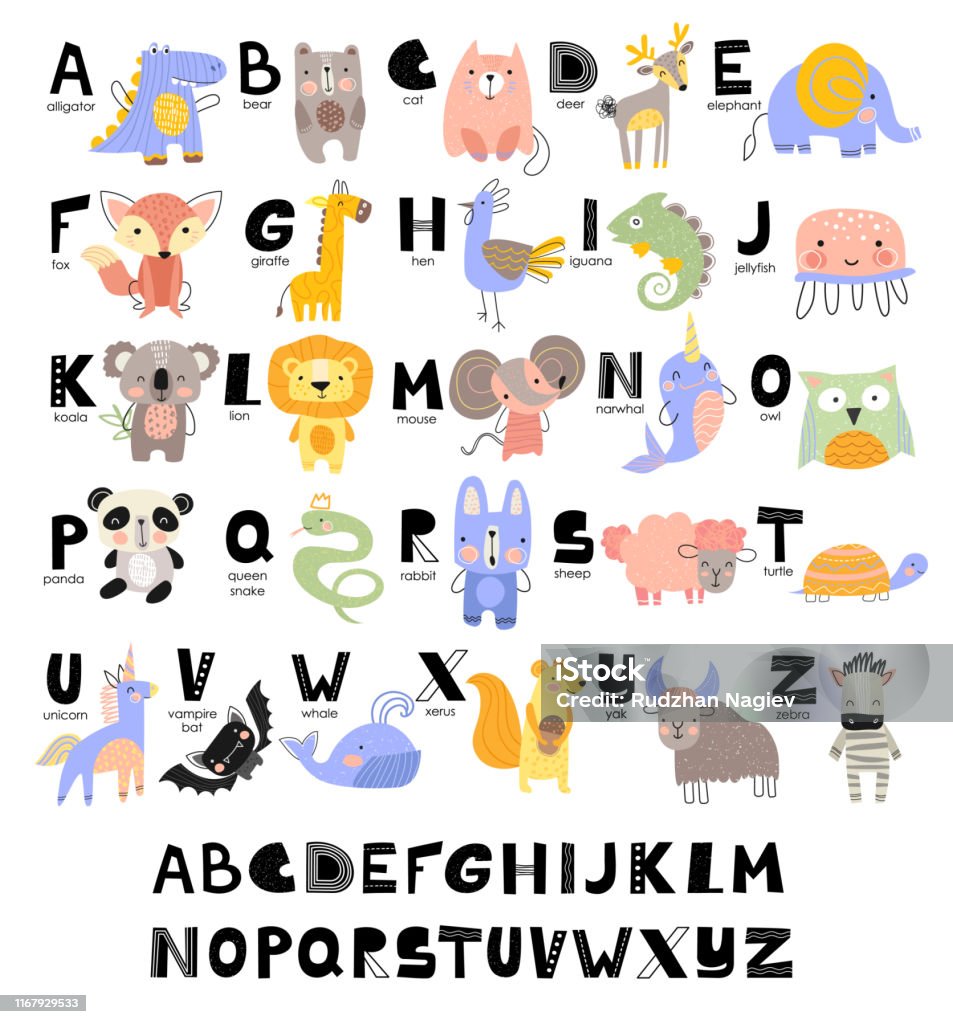 Funny Alphabet For Young Children With Names And Pictures Of Animals  Assigned To Each Letter Learning English For Kids Concept With A Font In  Black Capital Letters In Vector Stock Illustration -