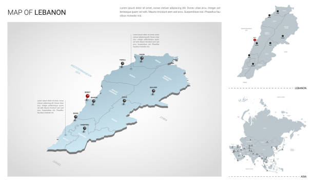 ilustraciones, imágenes clip art, dibujos animados e iconos de stock de conjunto vectorial del país del líbano.  mapa isométrico 3d, mapa del líbano, mapa de asia - con nombres de región, estado y ciudades. - lebanon