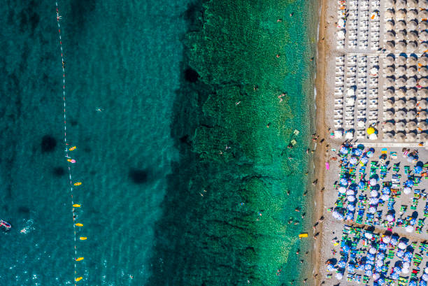 vue aérienne de plage d'émeraude bordée de bouées à côté d'une longue plage remplie de parasols et de transats - mushroom edible mushroom water splashing photos et images de collection
