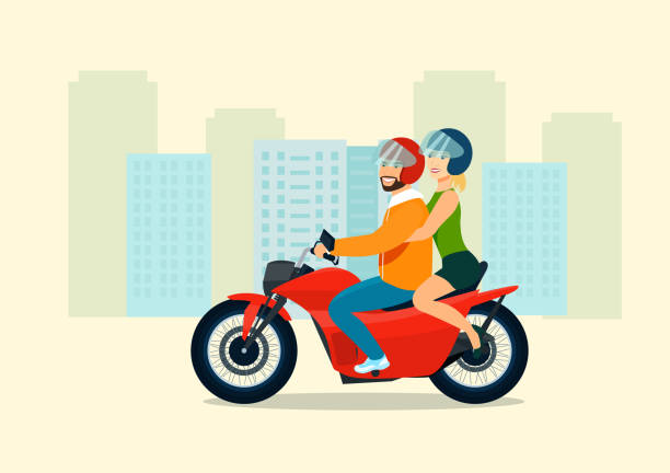 Young Man And Woman Ride A Motorcycle Vector Flat Style Illustration Stock  Illustration - Download Image Now - iStock