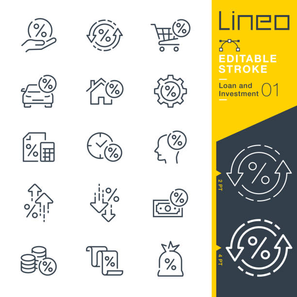 lineo editable stroke - ikony linii pożyczki i inwestycji - house currency investment residential structure stock illustrations
