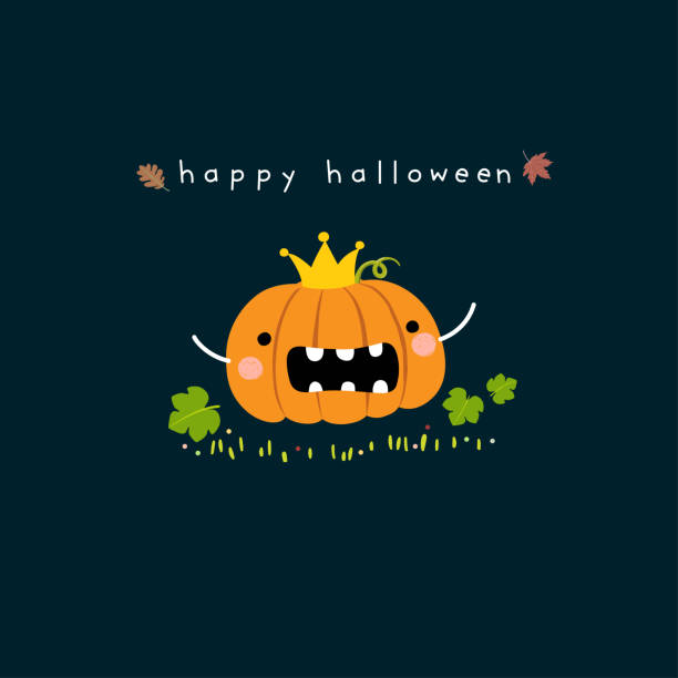 귀여운 호박 만화와 해피 할로윈 카드. - halloween pumpkin human face laughing stock illustrations