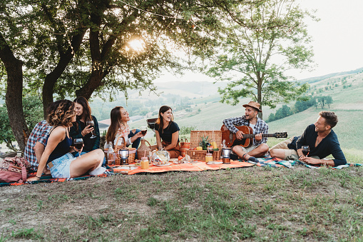 Friends doing a picnic together at sunset in the countryside