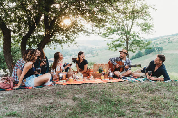 Friends doing a picnic together at sunset in the countryside Friends doing a picnic together at sunset in the countryside. medium group of millennials people under a tree. aperitif stock pictures, royalty-free photos & images