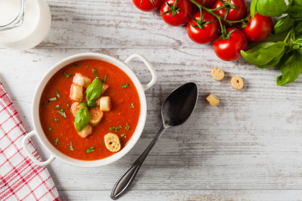 istock Traditional tomato soup, served with croutons. 1167939680