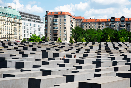 Berlin, Germany - May 26, 2018: A view over the Memorial to the Murdered Jews of Europe, also known as Holocaust Memorial, in Berlin, Germany
